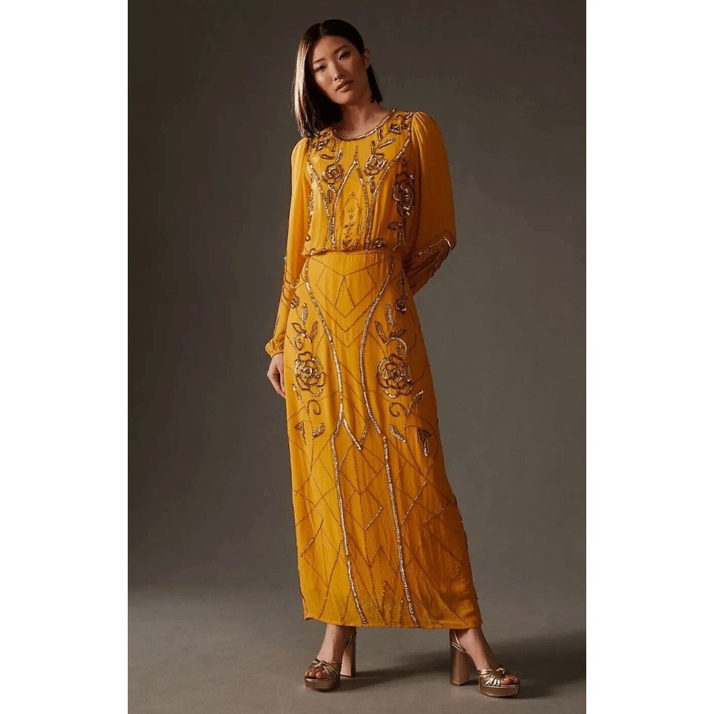 Anthropologie Let Me Be Maxi Dress Yellow Sequin Beaded Art Deco Floral